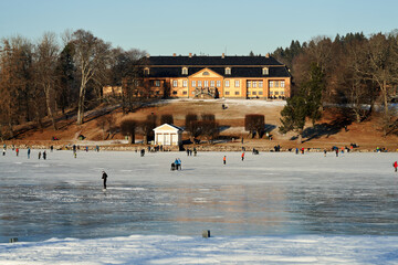 Walking for just the walk is a favorite activity in Norway. Families are gathering at the frozen lake for skating and having fun. It is a cold Sunday in January .
