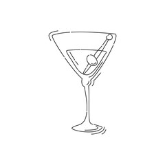 Martini wineglass with olive on white background. Cartoon sketch graphic design. Doodle style. Colored hand drawn image. Party drink concept for restaurant, cafe, party. Freehand drawing style