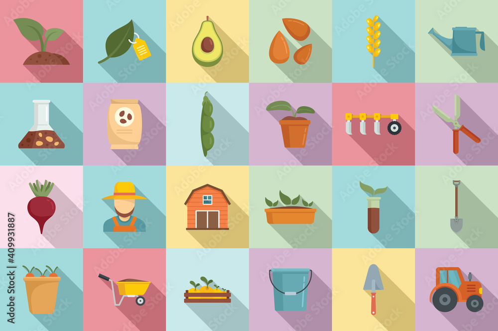 Sticker agronomist icons set. flat set of agronomist vector icons for web design