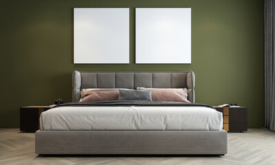 The mock up room interior design of bedroom and Canvas poster on empty green wall pattern background, 3d rendering