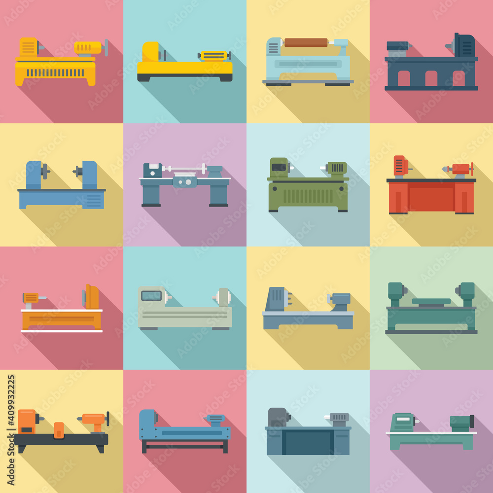 Poster lathe icons set. flat set of lathe vector icons for web design