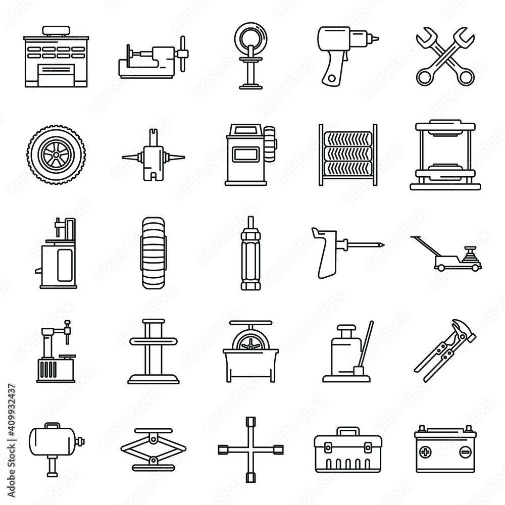 Poster tire fitting tool icons set. outline set of tire fitting tool vector icons for web design isolated o