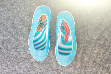 Pranks and tricks for April Fool's Day. Female shoes with artificial insects, cockroaches and worms inside. April 1.