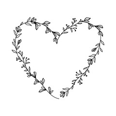 Hand drawn floral heart frame wreath on white background - 409932601