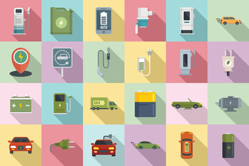 Hybrid car icons set. Flat set of hybrid car vector icons for web design