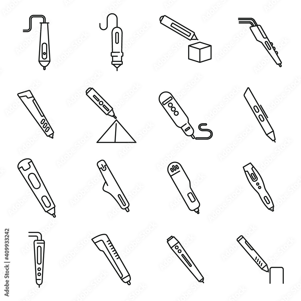 Poster 3d pen model icons set. outline set of 3d pen model vector icons for web design isolated on white ba