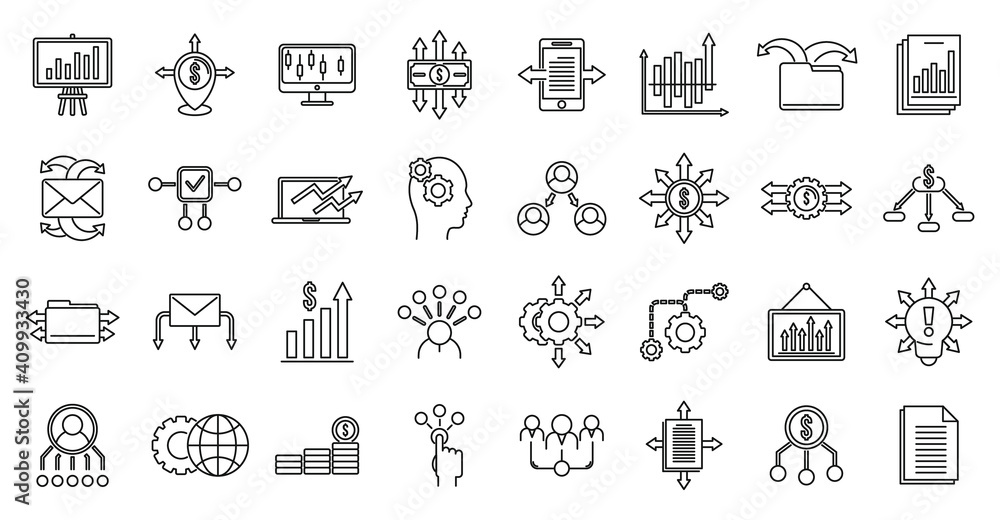 Poster restructuring refer icons set. outline set of restructuring refer vector icons for web design isolat