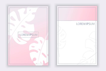 Vector banner template. Set. Business card design. Tropical leaves. Delicate, sweet tones. Modern style. Label for cosmetics, perfumery, personal care products.
