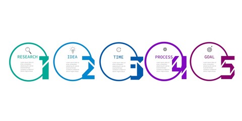5 steps business infographic template. Idea, time, purpose, research, search. Rounded elements with numbers and text. Simple flat image. Vector illustration.