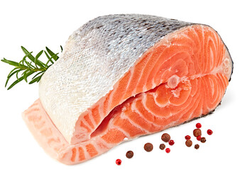 slice of raw fish, salmon, trout, steak, isolated on white background, clipping path, full depth of field