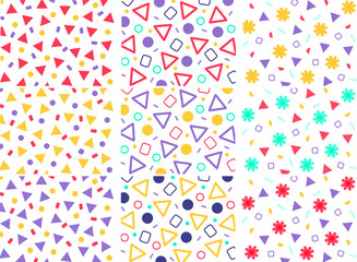 Memphis style geometric background set. Abstract geometric figures random pattern. Colorful illustration design. Nine creative memphis style vector wallpapers