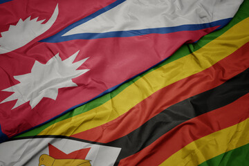 waving colorful flag of zimbabwe and national flag of nepal.
