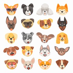 Cute dog and puppy faces cartoon vector design of pet animals. Isolated heads of terrier, french bulldog, pug and corgi, labrador, poodle, doberman and chihuahua dog breeds with funny tongues, smiles