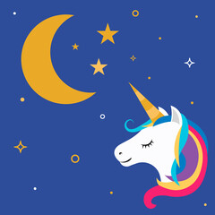 Unicorn, moon and stars. Flat style. Vector illustration