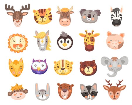 Cute animal faces vector set with isolated cartoon heads of bear, fox, tiger, bunny or rabbit, elephant, monkey, koala and deer. Funny owl, pig, giraffe and zebra, lion, cow, penguin and racoon