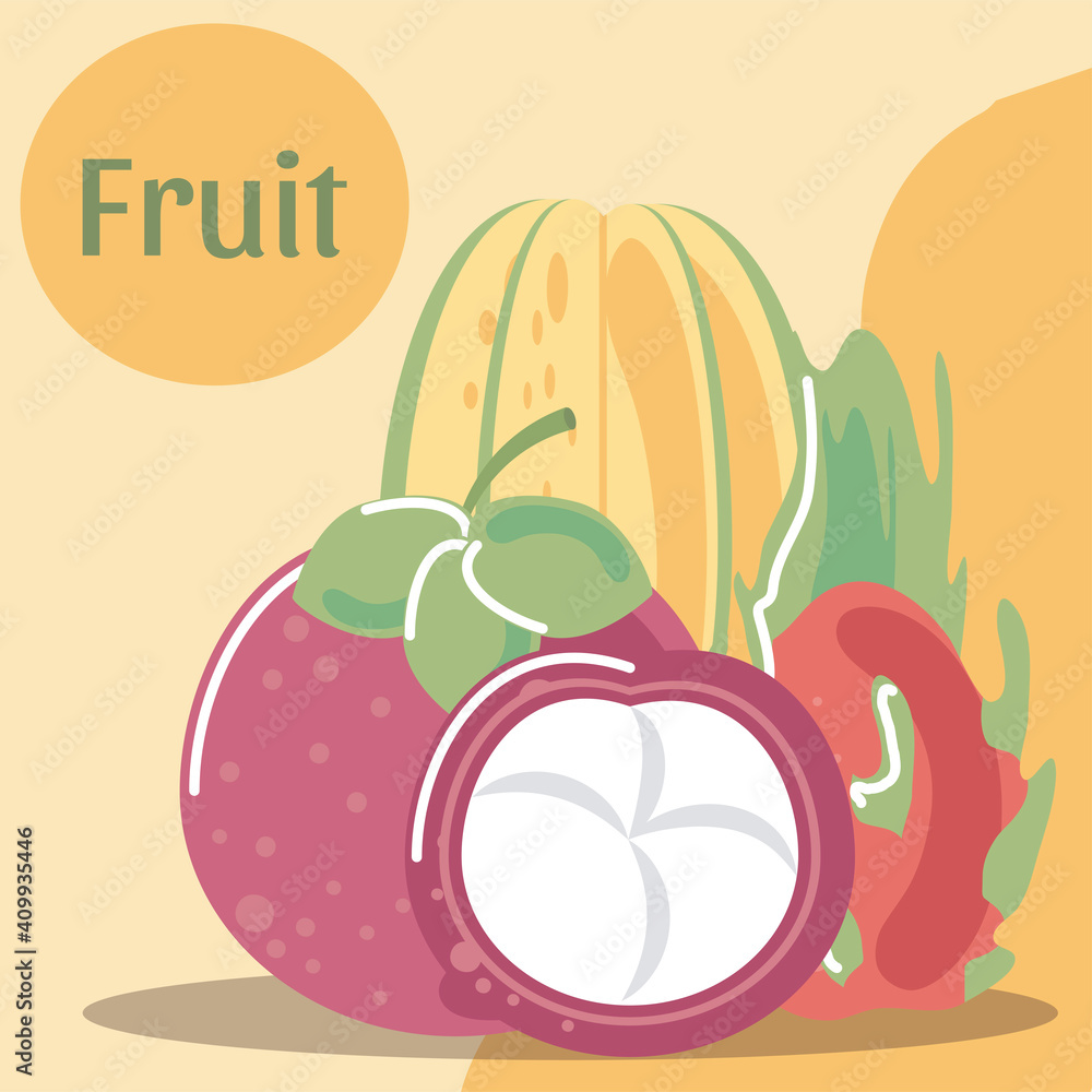 Poster mangosteen pitahaya and papaya fresh fruit organic healthy food