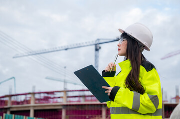 Asian engineer working at site of a large building project,Thailand people,Work overtime at construction site