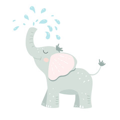 Cute baby elephant poured water from its trunk. Kids vector illustration. Great for kids t-shirt, wall print, poster, postcard.