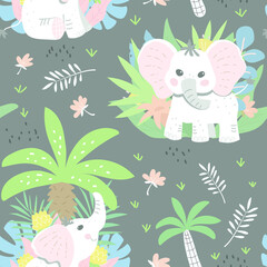 Seamless childish patter with baby elephants in the jungle. Dark background. Good for textiles, fabrics, wallpaper. Flat design, vector illustration