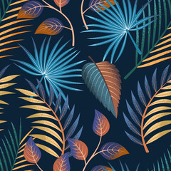 Fototapeta na wymiar Tropical leaves seamless pattern on dark background. Elegant exotic background.