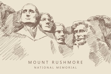 Sketch of Mount Rushmore National Memorial, South Dakota, USA. Portraits of American presidents: Abraham Lincoln, George Washington, Thomas Jefferson, Theodore Roosevelt. Vintage brown and beige card. - obrazy, fototapety, plakaty