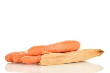 Several fresh organic, unpeeled carrots with a paper bag, close-up, isolated on white.