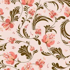 Spring trend pattern. Seamless pattern for printing onto fabric and textile design. Fashionable print for paper in ethnic style. Vector illustration. Pink color