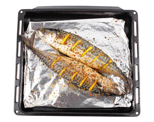 Two raw sea fish ready to cook on baking dish with seasoning foil and lemon slices on white isolated background with clipping path