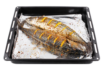 Two raw sea fish on a platter with seasoning foil and lemon slices on white isolated background with clipping path. Healthy eating concept. Top view