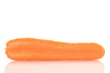 One half of a ripe organic, unpeeled carrot, close-up, isolated on white.