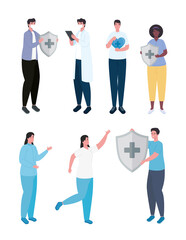 Obraz premium medical staff group of seven workers with immune system shield vector illustration design