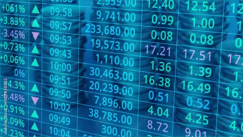 Poster close-up view of a stock market data board with stacks of coins on background (3d render)
