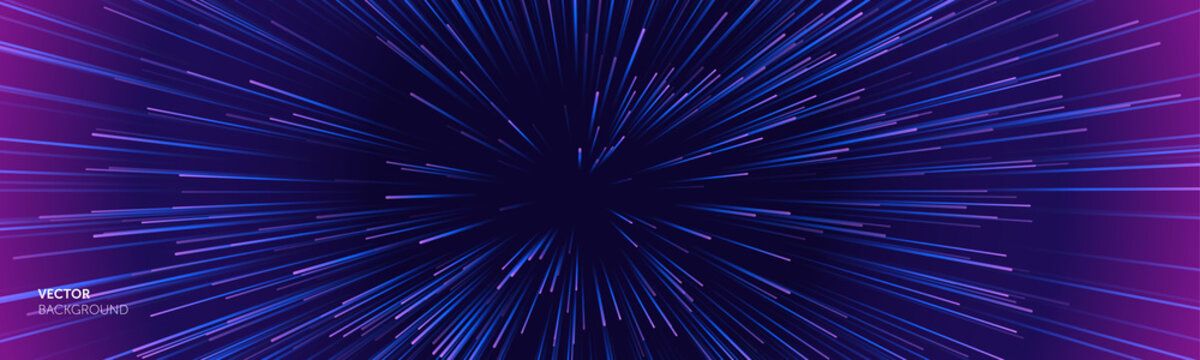 Space speed background, light warp and galaxy abstract stars explosion, vector. Space speed neon purple blue hyperspace blast