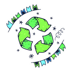 Cute illustration with recycling symbol. Isolated on a white background. Vector doodle illustrations.