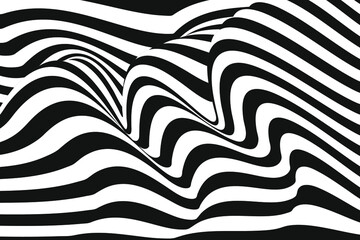 Abstract stripe wave with a black and white line. Backdrop geometric bent ribbon for banner, poster, cover, web. Creative wave line 3d optical op art for dynamic design. Vector illustration.
