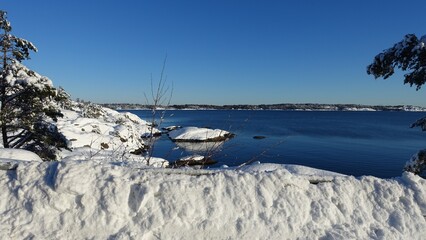 A sunny winter day by the sea in Scandinavia