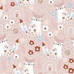 Wall murals Fox Seamless pattern with cute floral foxes, rainbows and hand drawn textures. Creative blooming texture on pale pink. Great for fabric, textile Vector Illustration