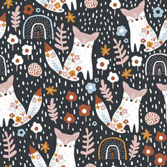 Nahtloses Muster mit niedlichen Blumenfüchsen, Regenbögen und handgezeichneten Texturen. Kreative blühende Textur. Ideal für Stoff, Textil-Vektor-Illustration
