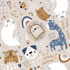 Seamless childish pattern with cute animals. Creative kids hand drawn texture for fabric, wrapping, textile, wallpaper, apparel. Vector illustration