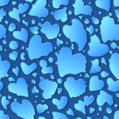 Water heart shape drops seamless pattern. Valentines day romantic weather. Rain splash on window glass hand drawn. Vector surface design on blue background - 409940885