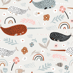 Seamless pattern with abstract narwals, rainbows,flowers. Childish texture for fabric, textile. Vector background © solodkayamari