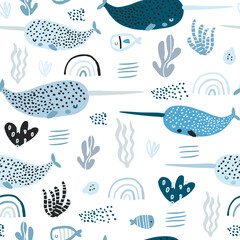 Seamless pattern with abstract narwals, rainbows, seaweeds. Undersea Childish texture for fabric, textile. Vector background