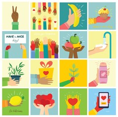 Hand-drawn illustrations of hands holddifferent things, such as smartphone, pizza, ice cream, donut and othersin