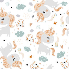 Seamless childish pattern with cute unicorns, rainbows, hearts. Creative kids hand drawn pink texture for fabric, wrapping, textile, wallpaper, apparel. Vector illustration