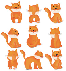 Collection of Cute cats in different poses. Domestic, funny cats on white background. Red cats. Vector icons.