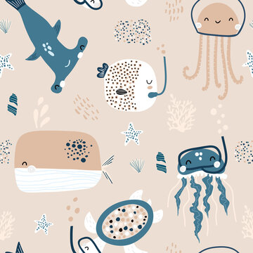 Seamless childish pattern with fishes, whale, octopus. Creative scandinavian style under see kids texture for fabric, wrapping, textile, wallpaper, apparel. Vector illustration