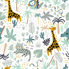 Seamless jungle pattern with cute hand drawn animals and tropical elements. Creative kids design for fabric, wrapping, textile, wallpaper, apparel. Vector illustration