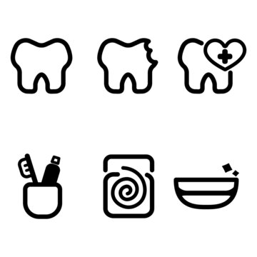Pacote de 6 ícones relacionados à saúde bucal. 