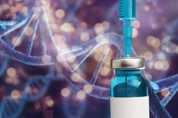 Human system cells molecular structure illustration and syringe with vaccine