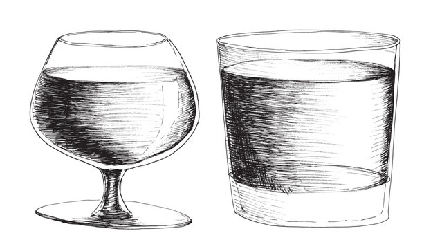 Vector monochrome sketch style illustration of hand drawn brandy and whiskey wine glass isolated on white background.